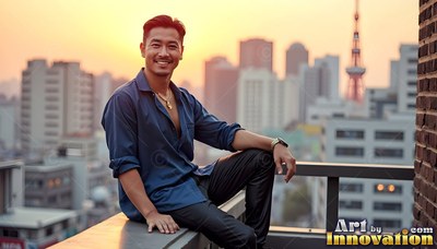 Sitting on a rooftop railing at sunset, a smiling man has on an open blue shirt