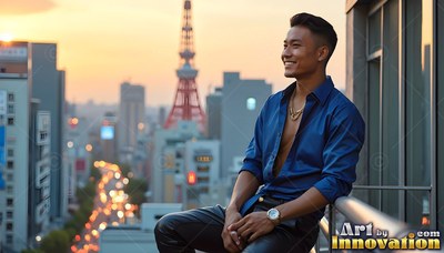 Smiling man wearing an unbuttoned blue shirt on a balcony at sunset