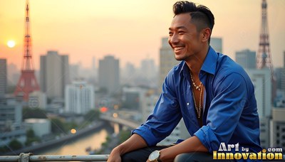 A smiling man in an unbuttoned blue silk shirt sits on a rooftop in tokyo at sundown