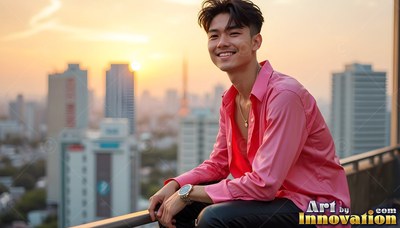 A smiling young man in a pink shirt is seated on a tokyo rooftop in warm sunset light