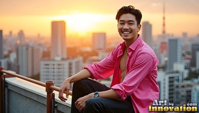 Smiling man sitting on a rooftop overlooking tokyo at sunset in an undone pink shirt