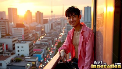 A smiling young man in an undone pink shirt stands on a balcony over the city at sunset