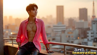 On a rooftop at sunset, a bare-chested Japanese man leans back in an open pink shirt