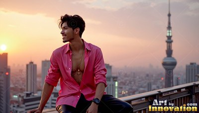 Smiling on a rooftop, a man wearing an undone pink shirt sits before the sunset skyline