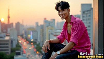 Smiling guy in an unbuttoned pink shirt on a tokyo roof as the sun sets