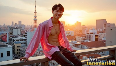 In an unbuttoned pink silk shirt, a smiling young man sits on a rooftop railing at sunset