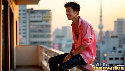 A smiling man in a pink shirt sits on a balcony railing in soft warm sunlight
