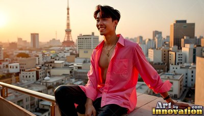 Smiling man sitting on a Tokyo rooftop at sunset in an open shirt in pink