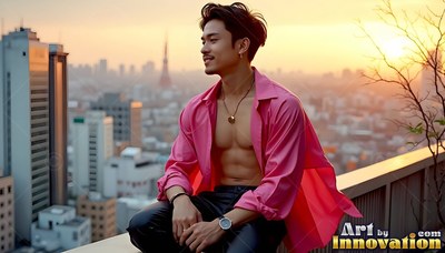 A young man sits on a tokyo rooftop at dusk in a loose pink shirt