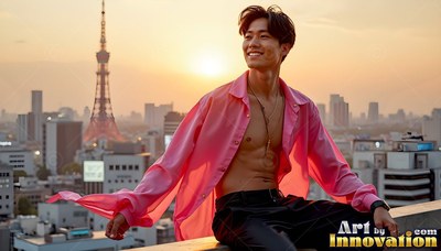 On a Tokyo rooftop at sunset, a smiling man sits in an open pink shirt