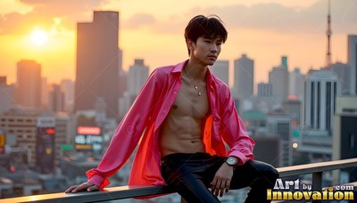 Sitting on a rooftop railing at sunset, a young man has on an open pink shirt over bare skin