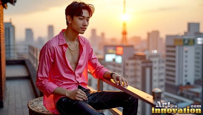 Young man with a loose pink shirt on a rooftop overlooking tokyo at sunset