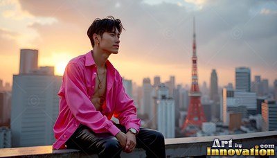 Wearing an unbuttoned pink shirt, a man sits on a rooftop above Tokyo at sunset