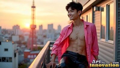 A smiling man leans on a balcony in an open shirt in pink under warm sunset light