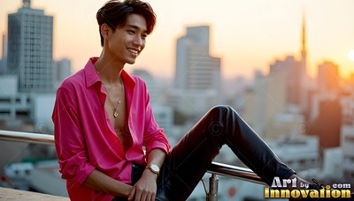 Leaning back on a Tokyo rooftop railing, a smiling man wears a bright pink shirt at sunset