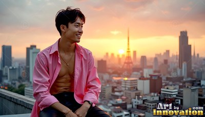 A smiling young man wearing an open pink shirt sits on a Tokyo rooftop at sunset