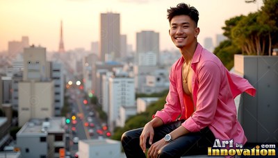 On a tokyo rooftop at dusk, a smiling man sits in an open pink shirt