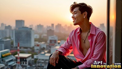 Smiling in an open shirt in pink, a young man relaxes on a tokyo balcony at sunset