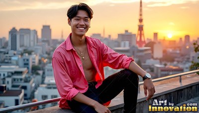 Smiling man in an open pink shirt on a rooftop overlooking tokyo at sunset