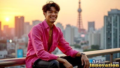 Unbuttoned pink shirt on a smiling man sitting on a Tokyo rooftop at sunset
