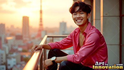 A smiling man leans on a rooftop railing, wearing a pink shirt in warm sunset light