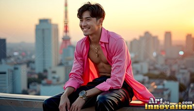 Sitting on a tokyo roof as the sun sets, a smiling man wears an unbuttoned pink shirt