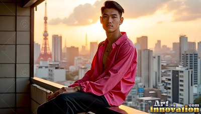 A man dressed in an unbuttoned pink silk shirt leans back on a tokyo balcony at sunset