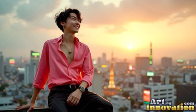 On a Tokyo rooftop at sunset, a smiling man sits wearing a loose pink shirt