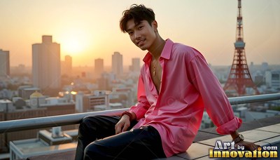 Sitting on a rooftop at sunset, a young man is wearing an unbuttoned pink shirt near Tokyo Tower