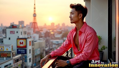 Man in an unbuttoned pink shirt on a Tokyo balcony at sunset