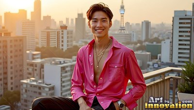 An unbuttoned bright pink shirt on a smiling man sitting on a Tokyo balcony at sunset
