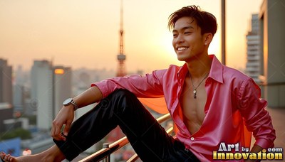 A smiling man with an unbuttoned pink shirt sits on a rooftop railing in the warm sunset light