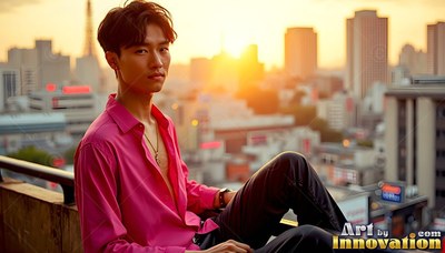 A young man in an unbuttoned pink shirt relaxes on a tokyo roof as the sun sets