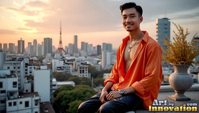 On a tokyo rooftop at dusk, a smiling man sits in an open orange shirt