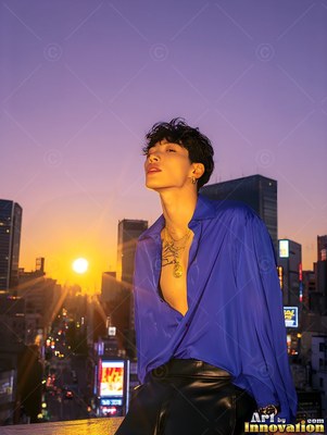 A man with an unbuttoned blue silk shirt on a rooftop at sunset
