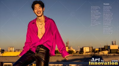 A smiling man leans back on a rooftop in an open magenta shirt at sunset
