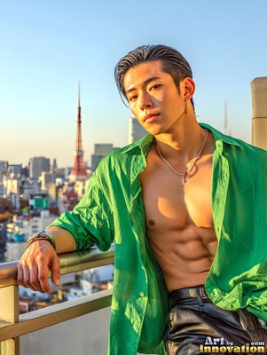 Wearing an unbuttoned green shirt, a young man leans on a balcony rail at sunset with Tokyo Tower behind him