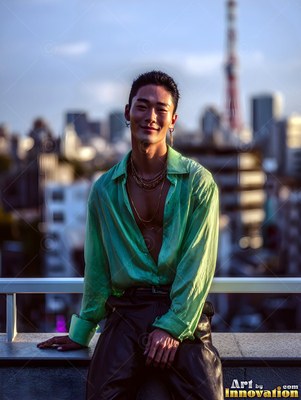 A young man sits on a rooftop railing in a green silk shirt under warm sunset light
