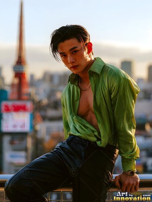 Leaning back on a rooftop rail, a man dressed in an open green shirt looks out over Tokyo