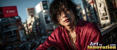 On a Tokyo street bridge, a young Japanese man in a red silk shirt looks forward
