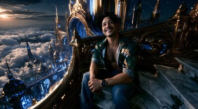 A smiling man sits on marble steps above a fantasy city at dusk