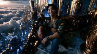 On a high gold balcony high over clouds, a happy man sits in an open shirt