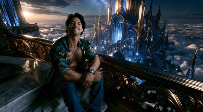 Smiling on a stone terrace, an open-shirted man sits before a city above the clouds