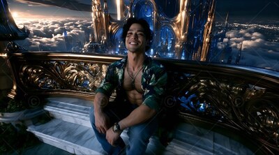 Happy man with open shirt sits on a high balcony above clouds