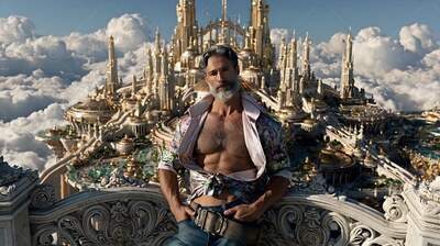His patterned shirt tied open, a bearded man leans on a balcony before a golden city in the clouds