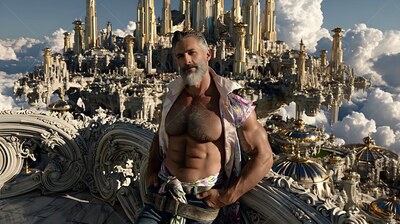 A muscular bearded man stands on a balcony overlooking pale towers in soft sunlight