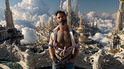 Standing with hands in his pockets, a bearded man looks out from a balcony above cloud spires