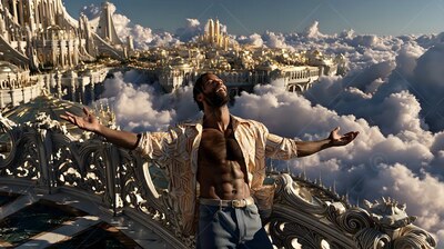 On a high cut-stone balcony above the clouds, a bearded man opens his arms in an unbuttoned shirt