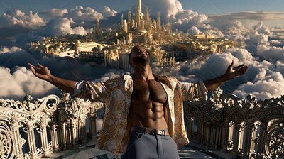 Spreading his arms wide, a shirtless man stands before a golden city in the clouds