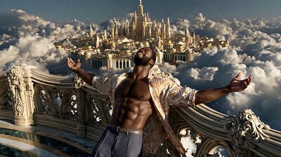 A shirtless man spreads his arms on a balcony looking over clouds